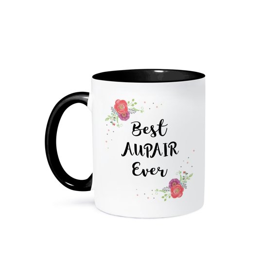 3drose, Floral Best Aupair Ever Pretty Watercolor Pink Flower Au Pair Job Work, 11oz Two-tone Black Mug