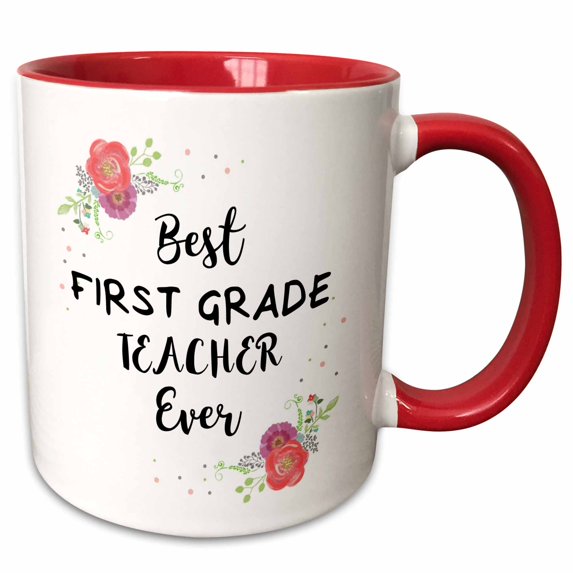 3drose, Floral Best First Grade Teacher Ever Pretty Watercolor Pink Flowers, 15oz Two-tone Red Mug