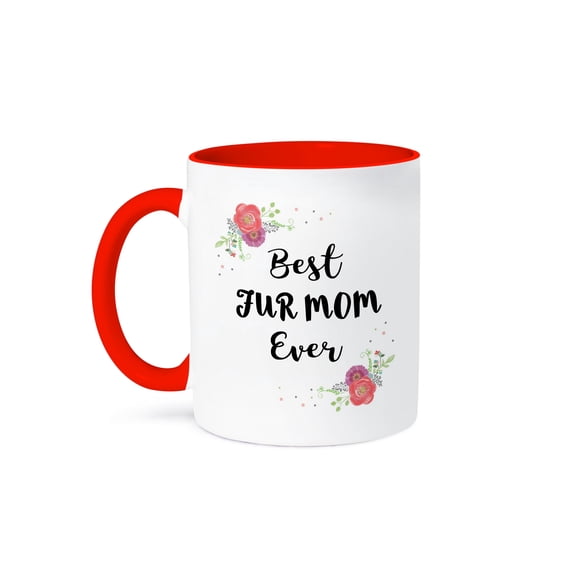3drose, Floral Best Fur Mom Ever with Pretty Watercolor Pink Flowers - Pet Mom, 15oz Two-tone Red Mug