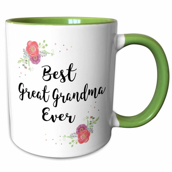 3drose, Floral Best Great Grandma Ever Cursive Pretty Watercolor Pink Flowers, 11oz Two-tone Green Mug