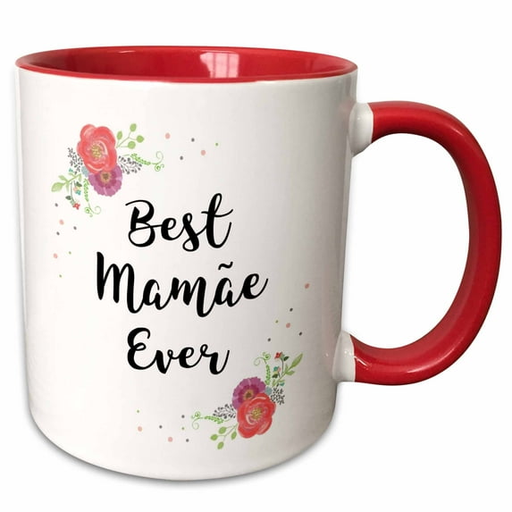 3drose, Floral Best Mamae Ever Pretty Watercolor Pink Flowers Portuguese Mom, 15oz Two-tone Red Mug
