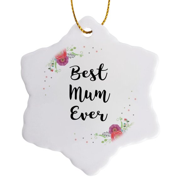 3drose, Floral Best Mum Ever with Pretty Watercolor Pink Flowers Mother Gift, 3 inch Snowflake Porcelain Ornament