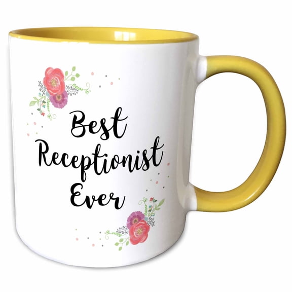 3drose, Floral Best Receptionist Ever Watercolor Pink Flowers Reception Clerk, 11oz Two-tone Yellow Mug