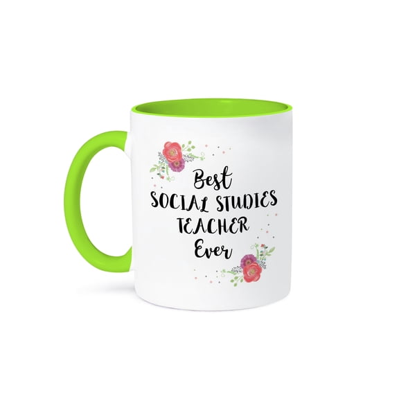3drose, Floral Best Social Studies Teacher Ever with Watercolor Pink Flowers, 15oz Two-tone Green Mug