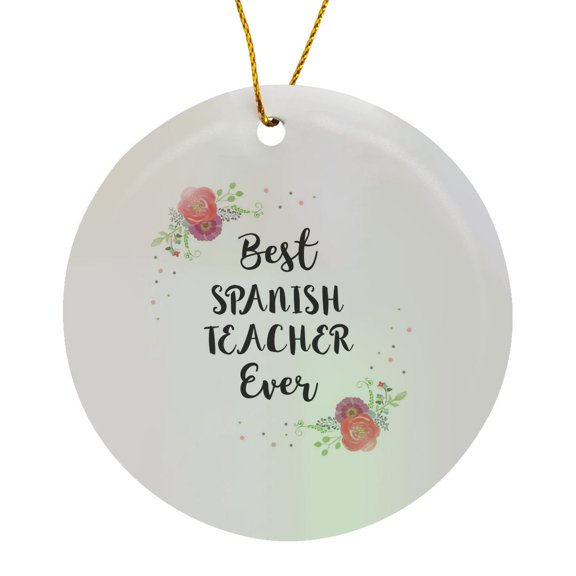 3drose, Floral Best Spanish Teacher Ever Watercolor Pink Flowers Teaching Gift, Circle Porcelain Ornament