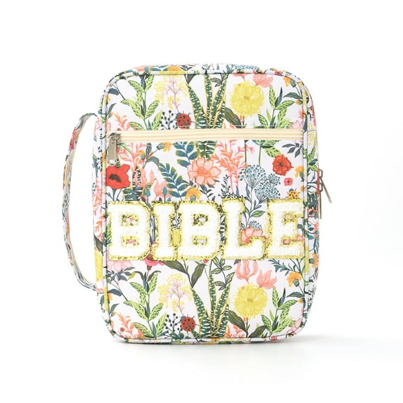 Floral Bible Cover Case for Women,Large Bible Tote Bags Chenille Letter Zippered Book Cover Carrying Case with Handle and Pockets ,Bible Study Supplies Accessories Christian Gifts for Women