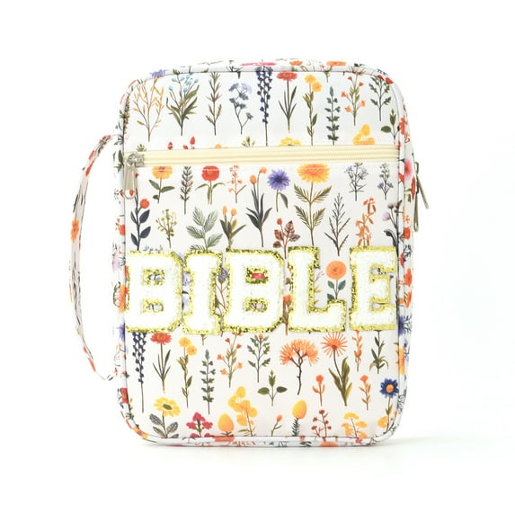 Floral Bible Cover Case for Women,Large Bible Tote Bags Chenille Letter Zippered Book Cover Carrying Case with Handle and Pockets ,Bible Study Supplies Accessories Christian Gifts for Women