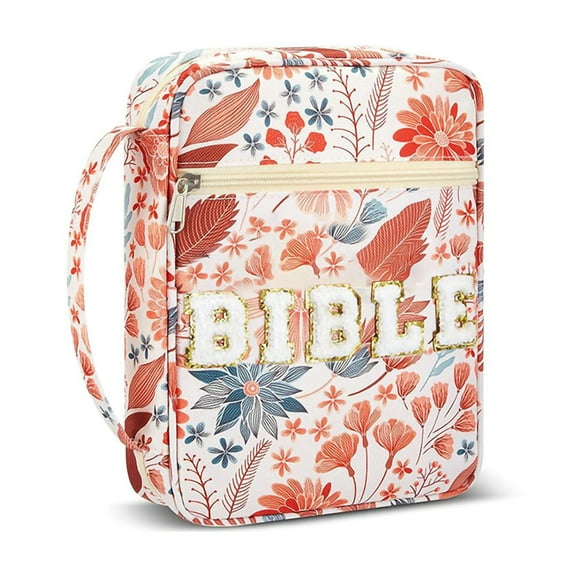 Floral Bible Cover Case for Women,Large Bible Tote Bags Chenille Letter Zippered Book Cover Carrying Case with Handle and Pockets ,Bible Study Supplies Accessories Christian Gifts for Women