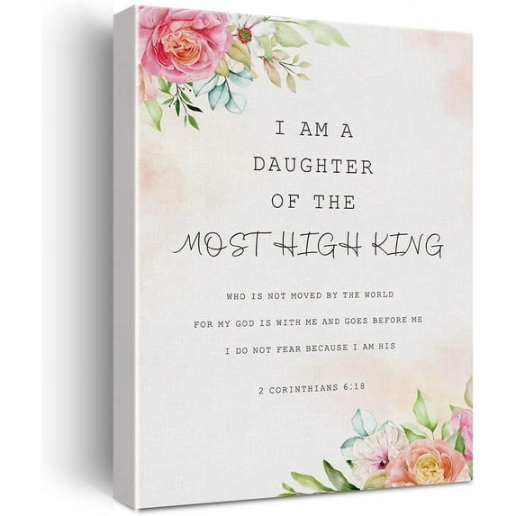 Floral Bible Verse Canvas Print Decor Watercolor I am a Daughter 2 Corinthians 6 : 18 Christian Art Wall Painting Posters 12\u201dX15\u201d Modern Home Office Decoration (Framed)