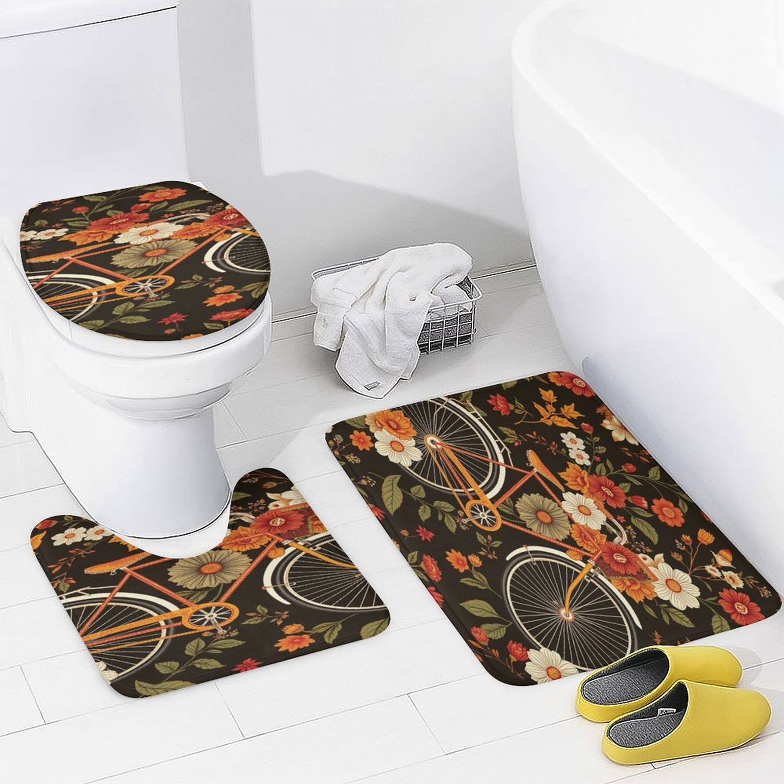 Floral Bicycle Pattern Bathroom Rugs Set 3 Piece with Non-Slip Bath ...