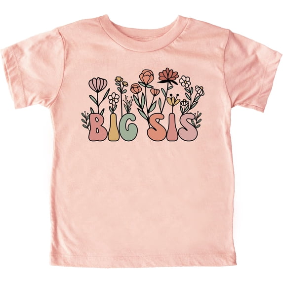 Floral Big Sis Shirt for Girls Big Sister Flower T-Shirt New Sibling Toddler Tee Peach Shirt Youth Medium