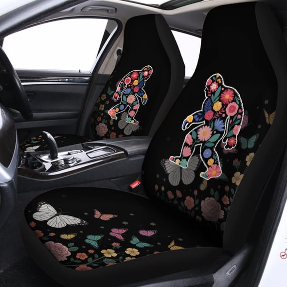 Floral Bigfoot Car Seat Covers – Boho Sasquatch Flower Art Auto Seat Protector Set, Butterfly Nature Car Interior Decor