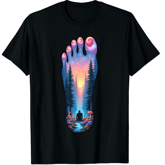 Floral Bigfoot Foot Print Forest Nature Sasquatch Cryptid Graphic Black T-Shirt for Men and Women