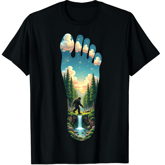 Floral Bigfoot Foot Print Forest Nature Sasquatch Cryptid Graphic Black T-Shirt for Men and Women