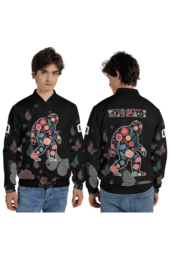 Floral Bigfoot Footprint Baseball Jacket, Artistic Flower Sasquatch Silhouette Baseball Jacket, Nature Inspired Bigfoot Jacket