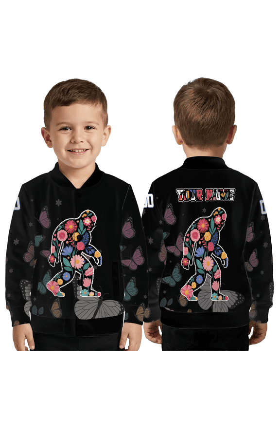 Floral Bigfoot Footprint Jacket, Artistic Flower Sasquatch Silhouette Baseball Jacket, Nature Inspired Bigfoot Coat