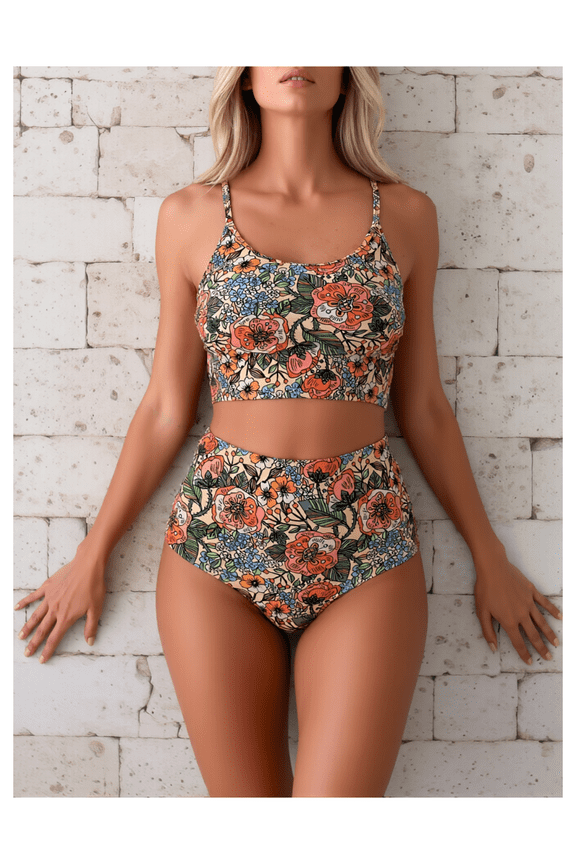 Floral Bikini Set for Women High Waisted - Two Piece Swimsuit Crop Top Bathing Suit - Vintage Retro Swimwear for Teens Girls - Summer Beach Pool Vacation