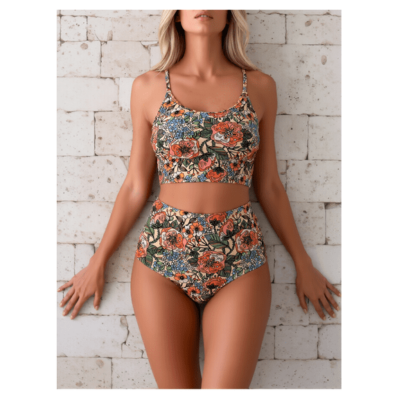Floral Bikini Set for Women High Waisted - Two Piece Swimsuit Crop Top Bathing Suit Vintage Retro Swimwear Summer Beach Pool