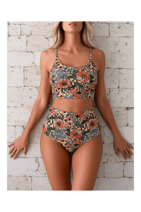 Floral Bikini Set for Women High Waisted Two Piece Swimsuit - Vintage Retro Bathing Suit Crop Top Swimwear for Teens Girls Summer Beach Pool