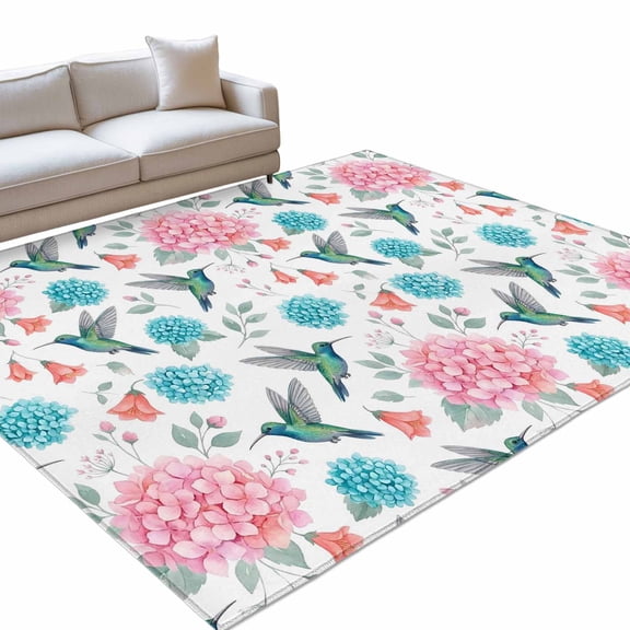 Floral Bird 6x9ft Non Slip Area Rug Summer Spring Pink Teal Green Hydrangea Hummingbird Washable Soft Area Rugs for Living Room, Indoor Circle Carpet for Bedroom Dining Room Kitchen