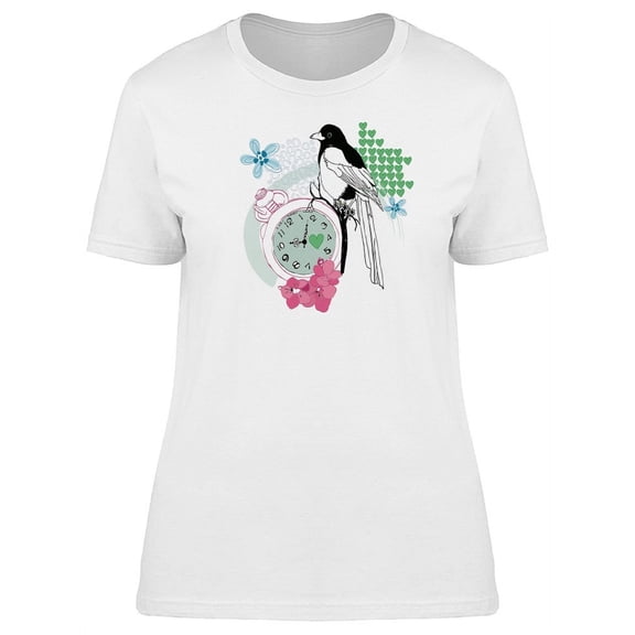 Floral Bird And Clock Doodle T-Shirt Women -Image by Shutterstock, Female Large