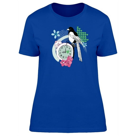 Floral Bird And Clock Doodle T-Shirt Women -Image by Shutterstock, Female Small