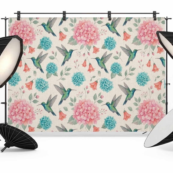 Floral Bird Backdrop for Photography, Summer Spring Hydrangea Hummingbird Linen Texture Photo Backdrop Portrait Background Party Banner Photo Backgrounds for Studio Booth Props, 7x5ft