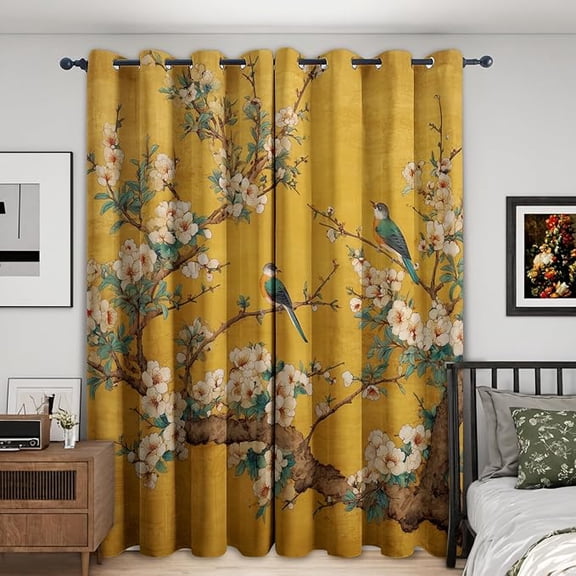Floral Bird Curtains for Bedroom, Vintage Cherry Blossom Blackout Curtains for Living Room - Japanese Oriental Decor Window Treatments, Grommet Drapes 53"W x 96"L (Pack of 2)