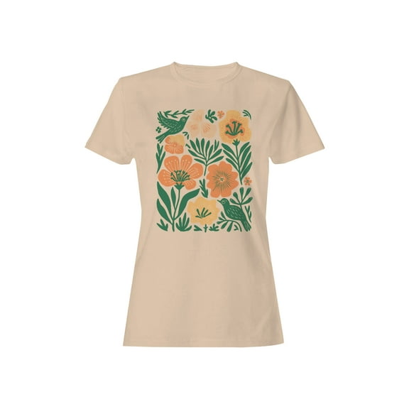 Floral Bird Design Print Women's T-shirt