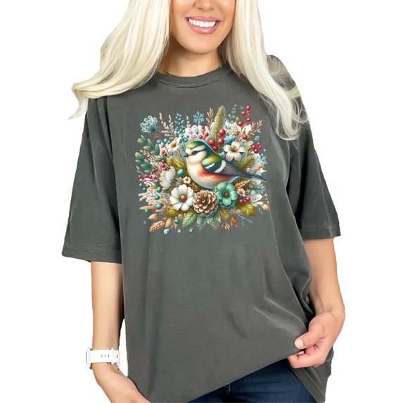 Floral Bird Design Shirt, Nature Inspired Graphic Tee, Colorful Bird and Flower Art T-Shirt, Unique Wildlife Pattern Top, Pepper Comfort Colors T-Shirt, Small