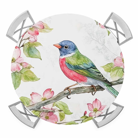 Floral Bird Elastic Fitted Round Table Cover Green Leaves Branch Waterproof Outdoor Tablecloth for Holiday Party, Picnic, Patio & Dining Fits Tables Up to 55"-60"