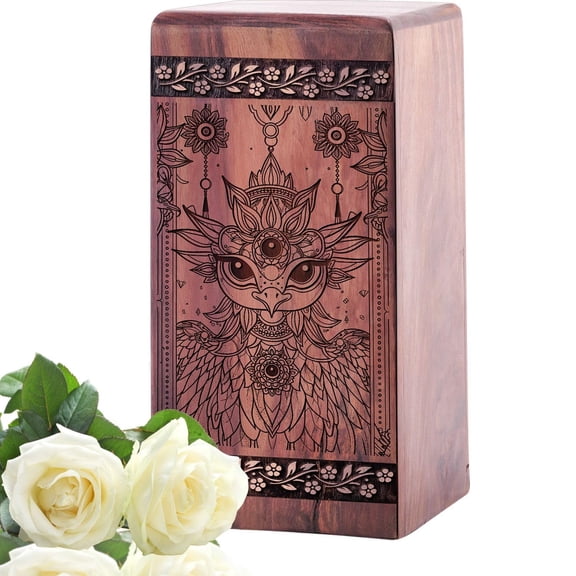 Floral Bird Engraved Wooden Urns, Handcrafted Cremation Decorative Funeral Wood Urn Box for Memorial Ashes for Mom - Wood Ash Keepsake Urns - 10inch, Large Size - Single 1Pcs