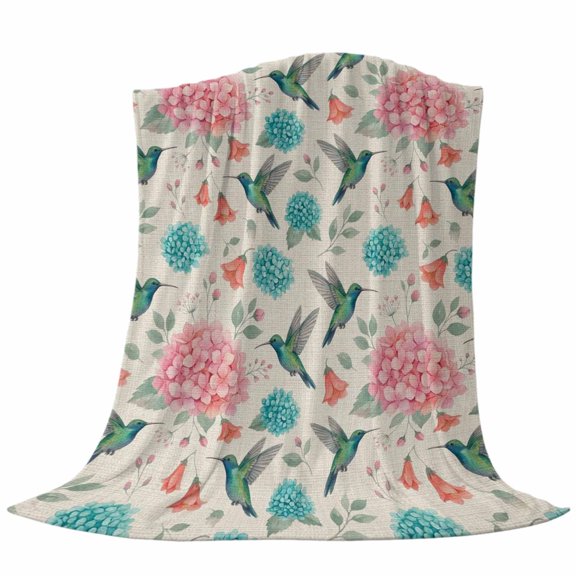 Floral Bird Fleece Throw Blanket Summer Spring Hydrangea Hummingbird Linen Texture Ultra Soft Fuzzy Cozy Flannel Throw Blanket for Couch Sofa Bed Car Travel, Ideal Gifts 40x50 Inches