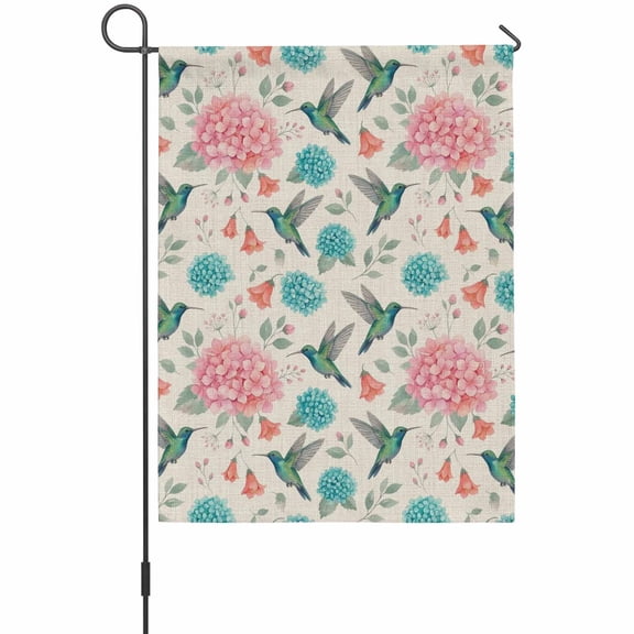 Floral Bird Garden Flag 12 x 18 Inches, Summer Spring Hydrangea Hummingbird Linen Texture Weather Proof Outdoor Patio Flags Double Sided Small Garden Decoration for Yard Outside Home