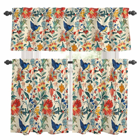 Floral Bird Kitchen Curtains Valances and Tiers Set of 3 Vintage Flowers Leaf Branch Tier Curtains and Valance with Rod Pocket for Small Windows, 27.5"x24"