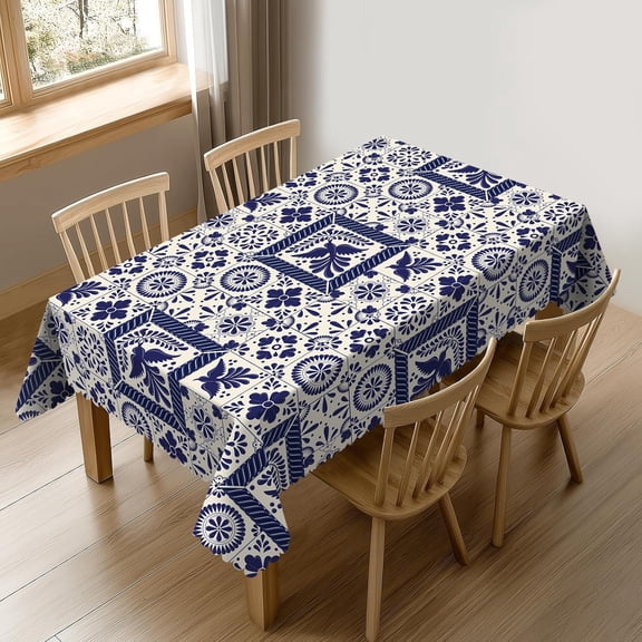 Floral Bird Mexican Table Cloth for Dining Tables, Reusable Blue Patchwork Tiles Tablecloths Holiday Talavera Tile Tabletop Decoration Rectangle Table Cover for Home,Kitchen,Party,60x84Inch