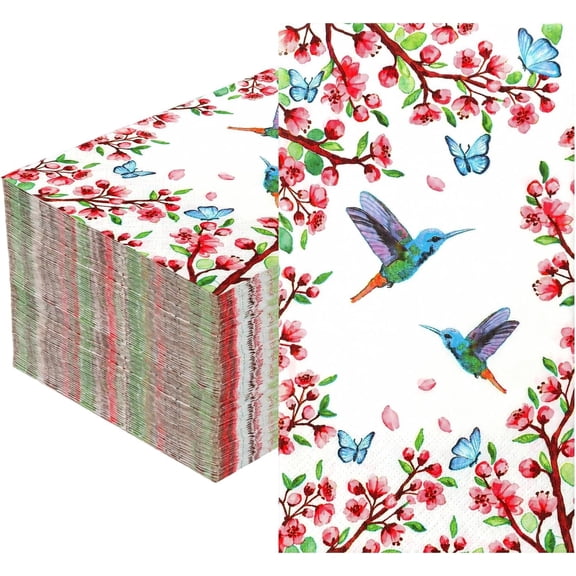 Floral Bird Napkins, 50 count Disposable Guest Paper Hand Towels for Bathroom, Butterfly Hummingbird Flower Paper Napkins for Spring Summer Luncheon Dinner Wedding Birthday Holiday Party Decorations