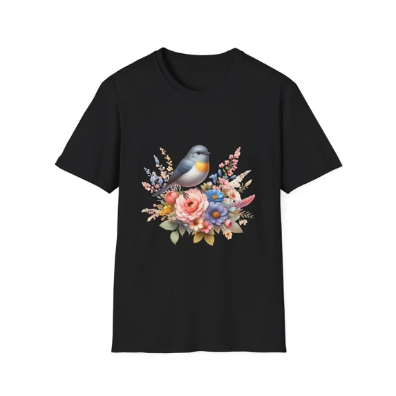 Floral Bird Nature Lover Gift Spring Apparel Eco Friendly Short Sleeve Unisex T-Shirt, up to Size 5XL