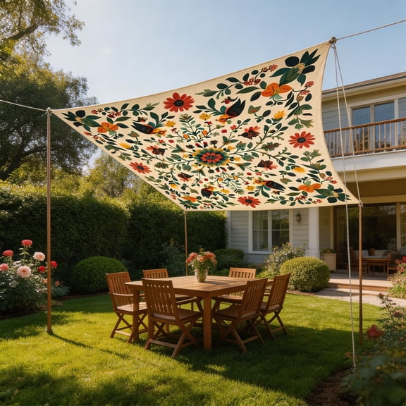 Floral Bird Print Polyester Square Sun Shade Sail UV Block Waterproof Patio Garden Outdoor Canopy with Rope,A