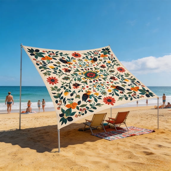 Floral Bird Printed Polyester Sun Shade Sail, Bohemian Outdoor Patio Canopy, UV Protection Waterproof Awning for Courtyard Lawn, Backyard Garden and Terrace Sunshade Construction