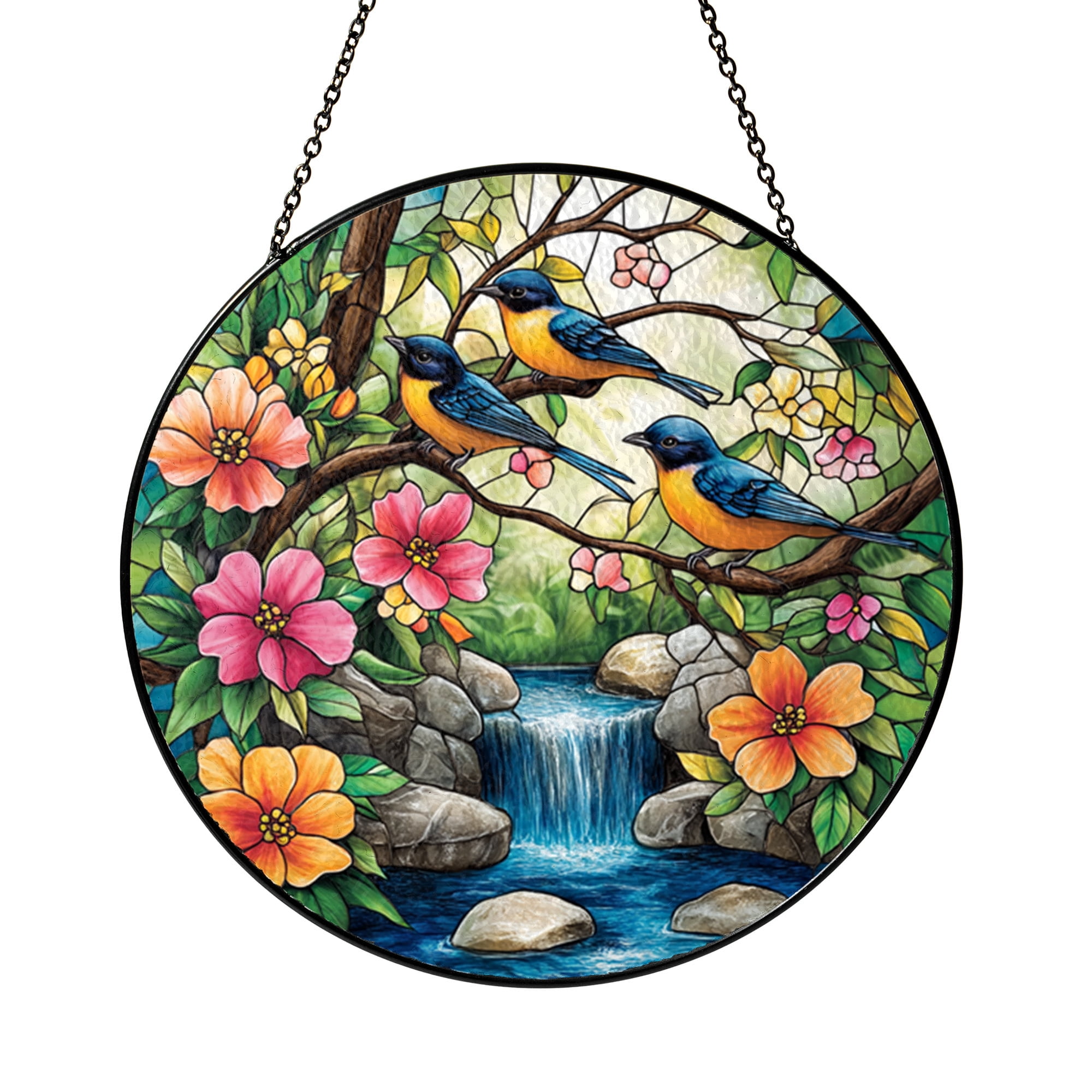 Floral Bird Scene Stained Glass Suncatcher – Decorative Window Art ...
