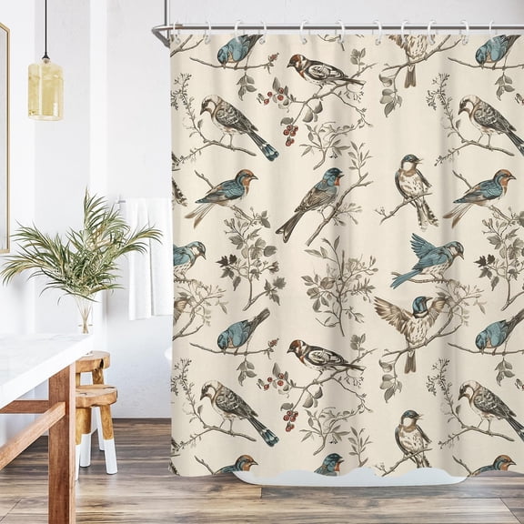 Floral Bird Shower Curtain Farmhouse Vintage Beige Retro Country Flower Modern Decor Washable Waterproof Bathroom With Hooks-72"W x 72"L (Pack of 1)