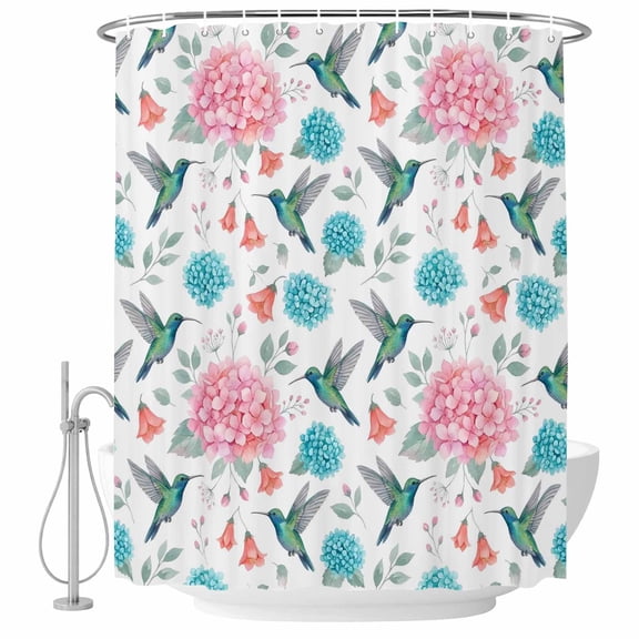 Floral Bird Shower Curtain Set with Hooks, Summer Spring Pink Teal Green Hydrangea Hummingbird Water Repellent Shower Curtains for Bathroom Decor Sturdy Shower Curtain, Machine Washable 36x72 Inch