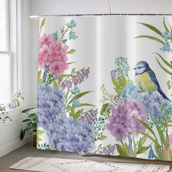 Floral Bird Shower Curtain, Spring Colorful Hydrangea Flowers Hummingbird Rustic Bathroom Curtains for Bathtub Decor Waterproof Fabric Machine Washable with 12 Hooks