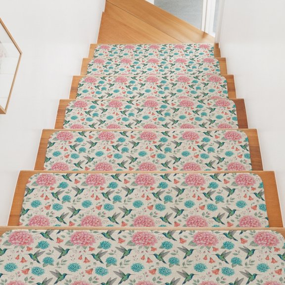 Floral Bird Stair Treads Non Slip for Steps Summer Spring Hydrangea Hummingbird Linen Texture 15 Pcs Reusable Adhesive Stair Runner Mats for Dogs Elders Carpet Treads Rugs for Staircase 8x30 In