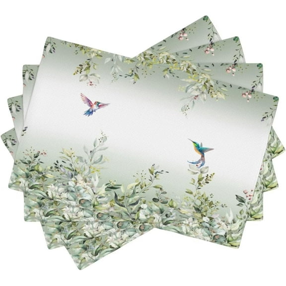Floral Bird Table Placemats Set of 4 Eucalyptus Hummingbird White Green Leaf Flower Country Garden Indoor Outdoor Table Placemat for Holiday Banquet Kitchen Table Decor
