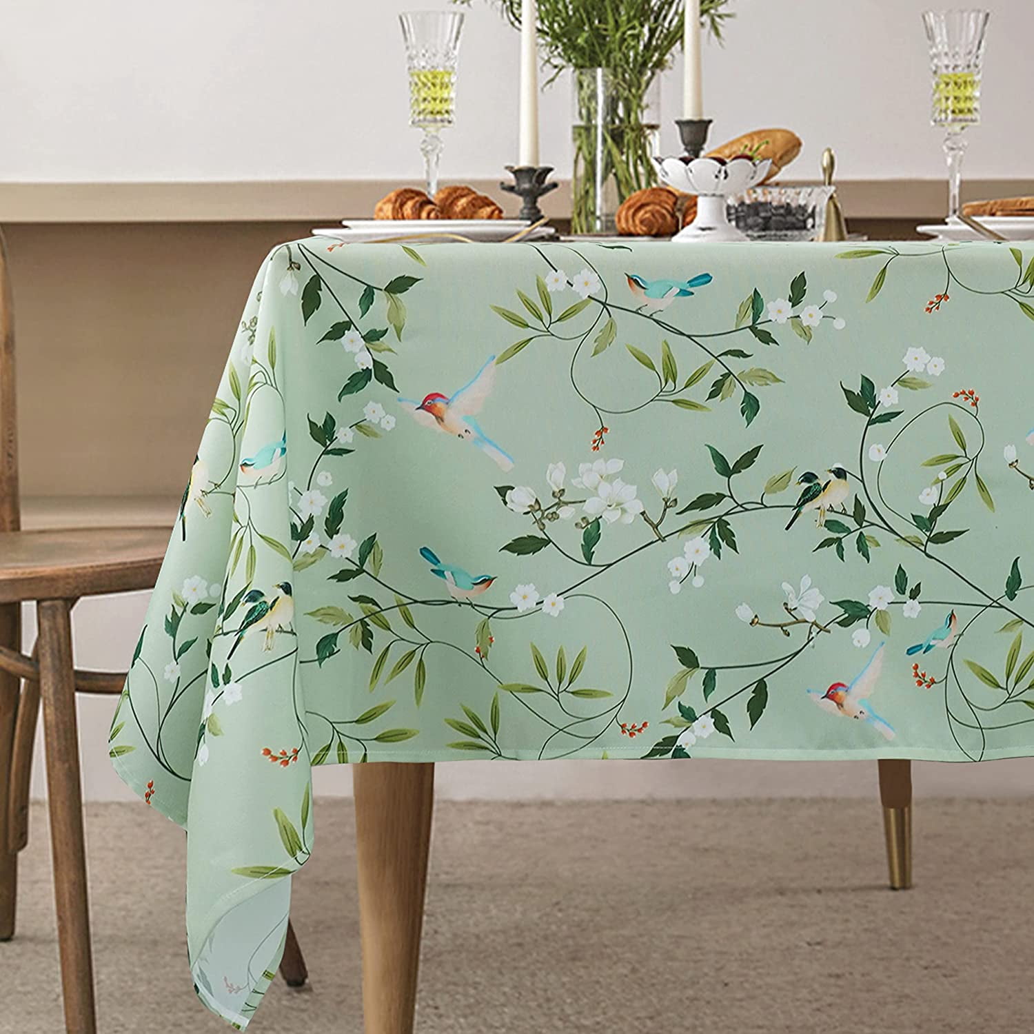 Spring Tablecloths Floral Bird Tablecloth,Green Leave Tablecover for Spring Summer ...
