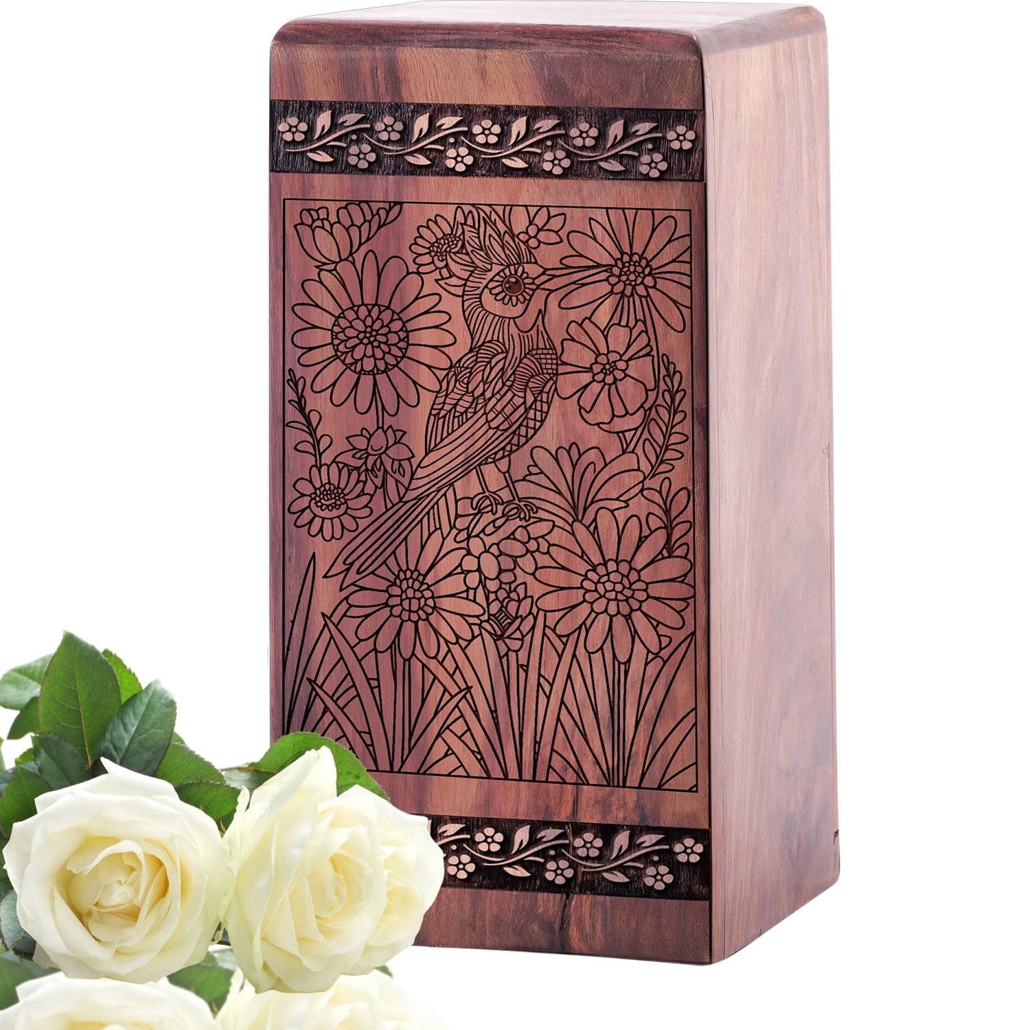 Floral Bird Urn for Human Ashes/Pet Ash - Wooden Urns for Male/Female - DecorativeCremation Funeral Urns - Memorial Decorative Keepsake Urns - 10inch, Large Size - Single 1Pcs
