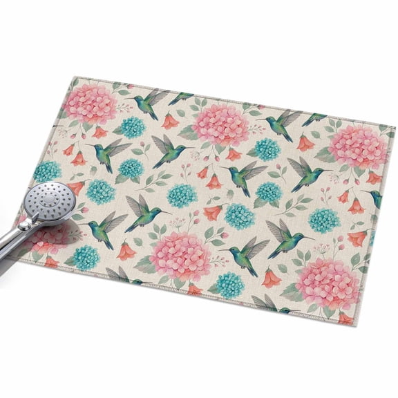 Floral Bird Washable Area Rug 2 x 3 ft Summer Spring Hydrangea Hummingbird Linen Texture, Soft Non Slip Rugs Stain Repellent Indoor Felt Carpet for Living Dining Room Bedroom Home Office