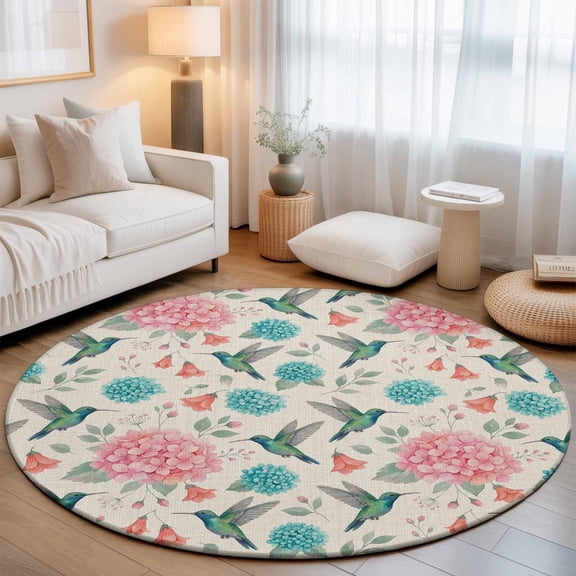 Floral Bird Washable Round Area Rug 5 ft, Summer Spring Hydrangea Hummingbird Linen Texture, Soft Non Slip Rugs Stain Repellent Indoor Felt Carpet for Living Dining Room Bedroom Home Office